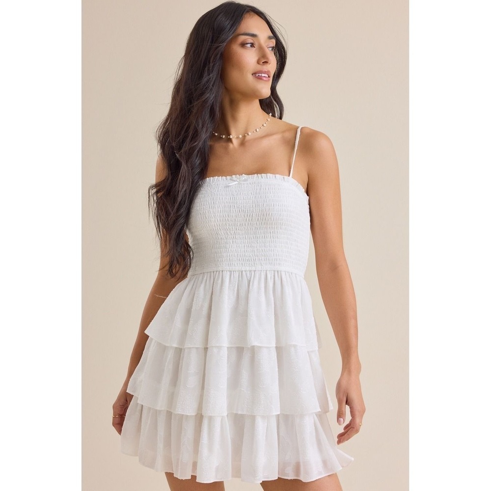 Altar'd State White Smocked Tiered Ruffle Mini Dress Floral Embroidery Size S‎